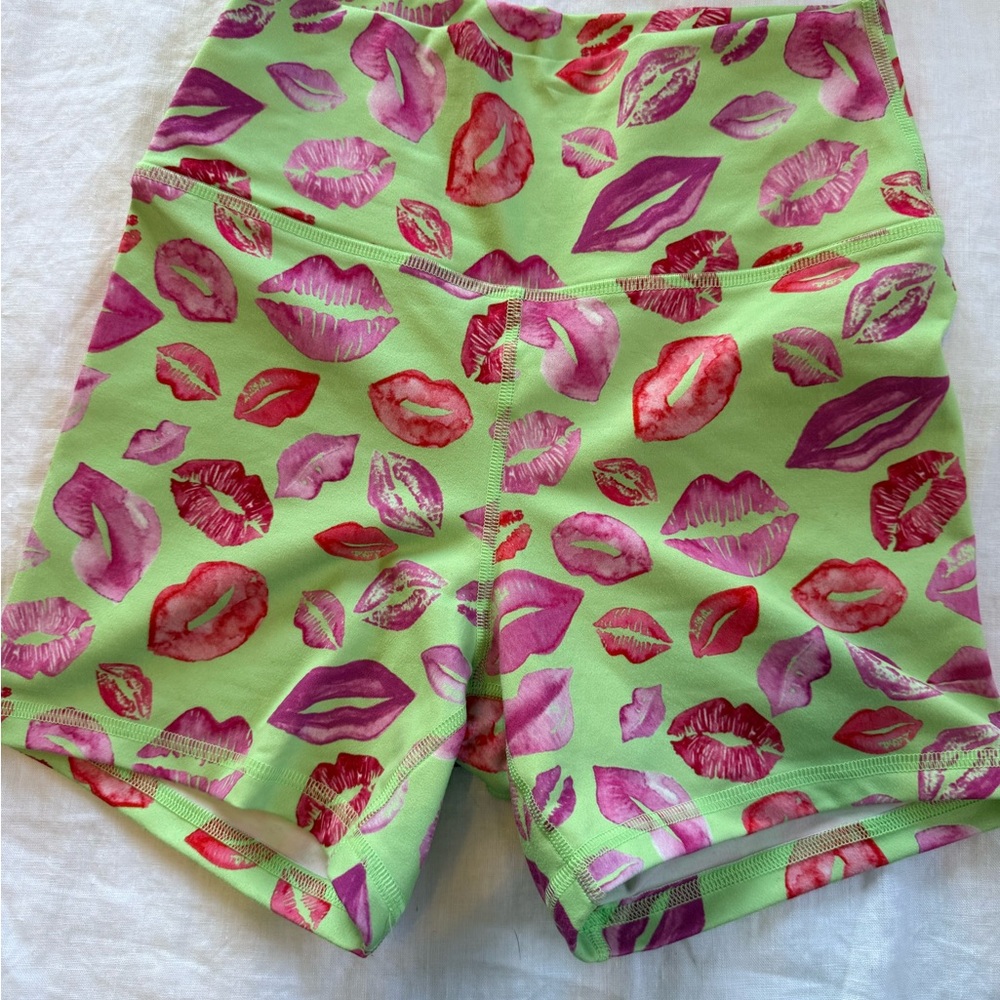 Fleo Women’s Athletic Shorts - Lime Green with Pink & Red Lip Print